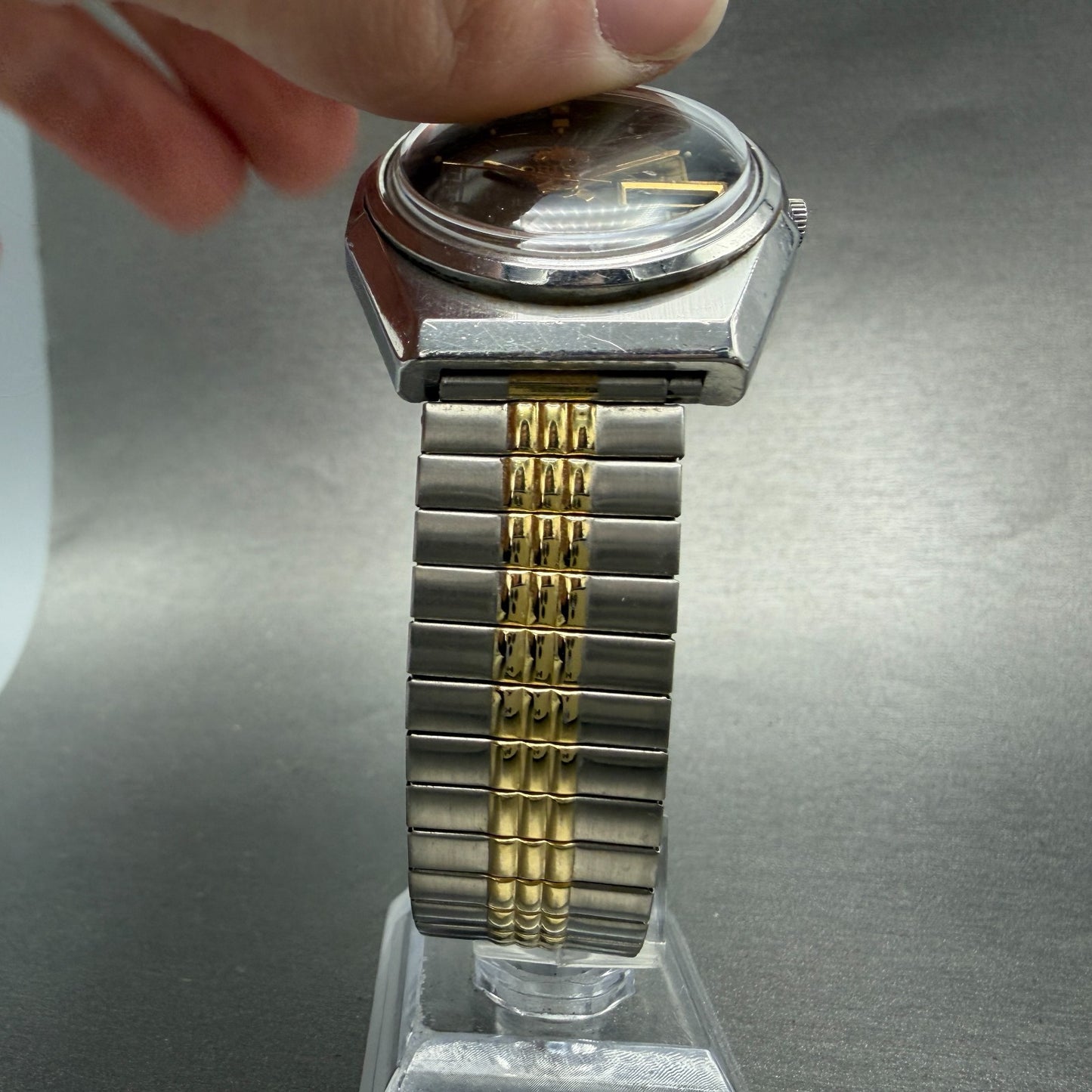 Orient Tri Star Watch Men 36mm Brown Dial Silver Tone Daydate Round Automat Runs4