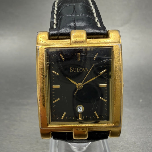 Bulova Tank Watch Men 26mm Black Dial Gold Tone Date Rectangle 97B42 New Battery0