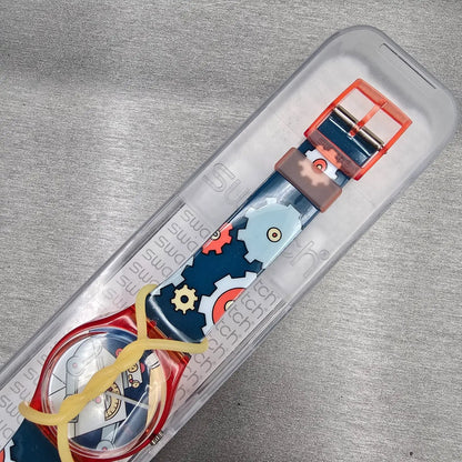 Swatch Gent Roboboy Watch Men 34m Blue Dial Red Case Round GR135 New Battery VTG6