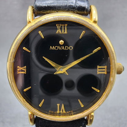 Movado Watch Women 28mm Black Dial Gold Tone Round 87.66.835 New Battery VTG