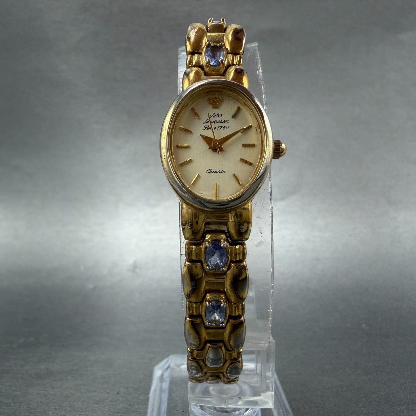 Jules Jurgenson Watch Women 17mm Champagne Dial Gold Oval Blue Gems New Batt 9085