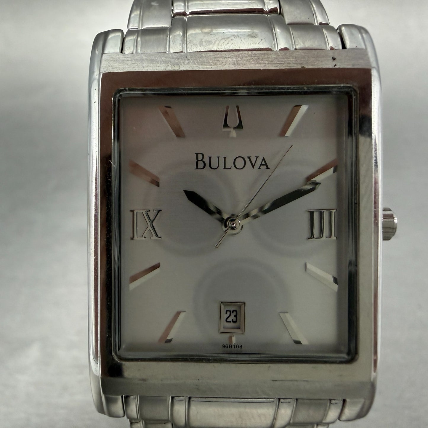 Bulova Tank Watch Men 29mm Silver Dial Silver Tone Date Rectangle 96B108 New Bat1