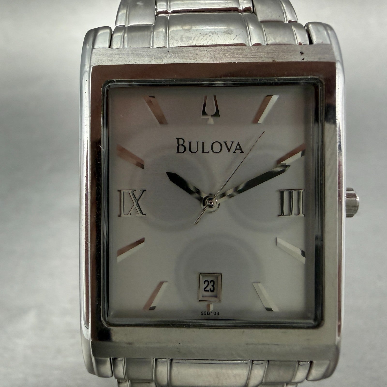 Bulova Tank Watch Men 29mm Silver Dial Silver Tone Date Rectangle 96B108 New Bat1