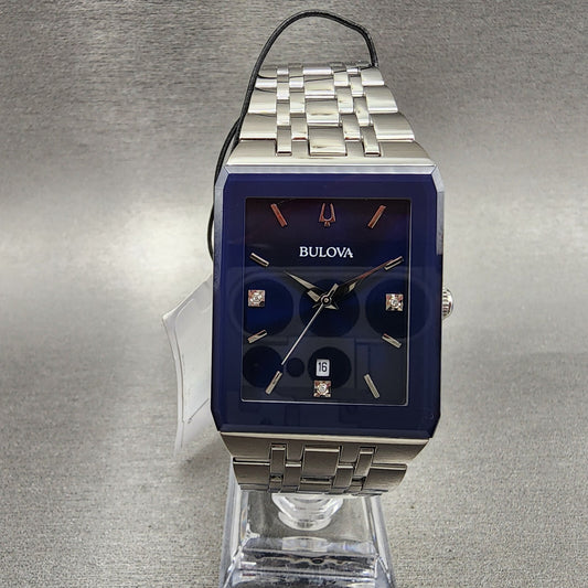 Bulova Quadra Tank Watch Men 31mm Blue Dial Silver Tone Rectangle 96D1390