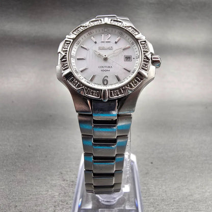 Seiko Coutura Watch Women 29mm MOP Dial Silver Tone Date Gemmed 7N82-0GD0 NewBat5