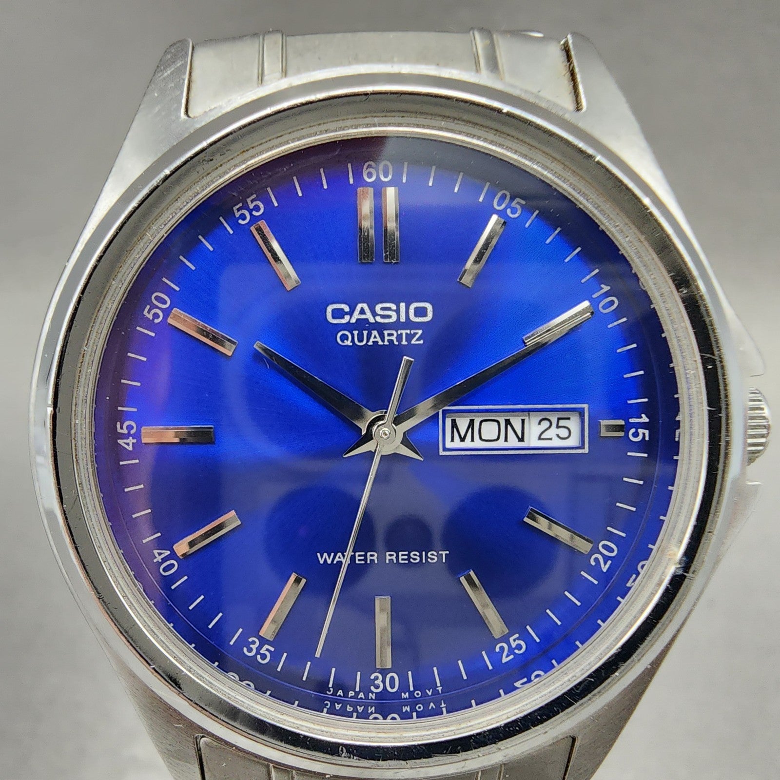 Casio Watch Men 37mm Blue Dial Silver Tone Daydate MTP1239DJ New Battery ABC1231