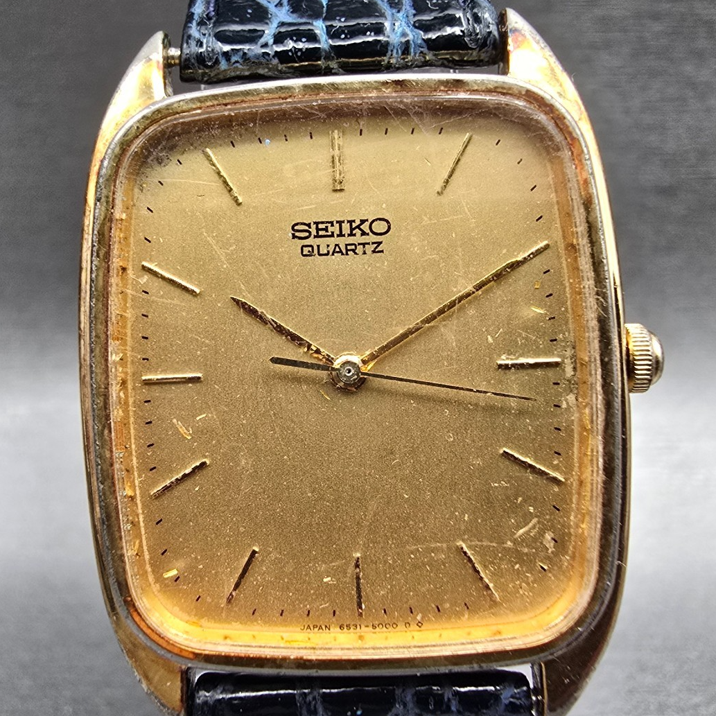 Seiko Watch Men 28mm Gold Dial Gold Tone Rectangle 6531-5000 New Battery Vintage1