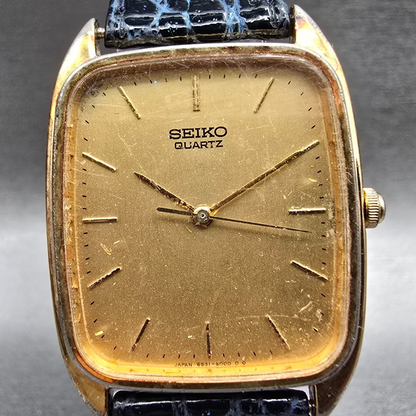 Seiko Watch Men 28mm Gold Dial Gold Tone Rectangle 6531-5000 New Battery Vintage1
