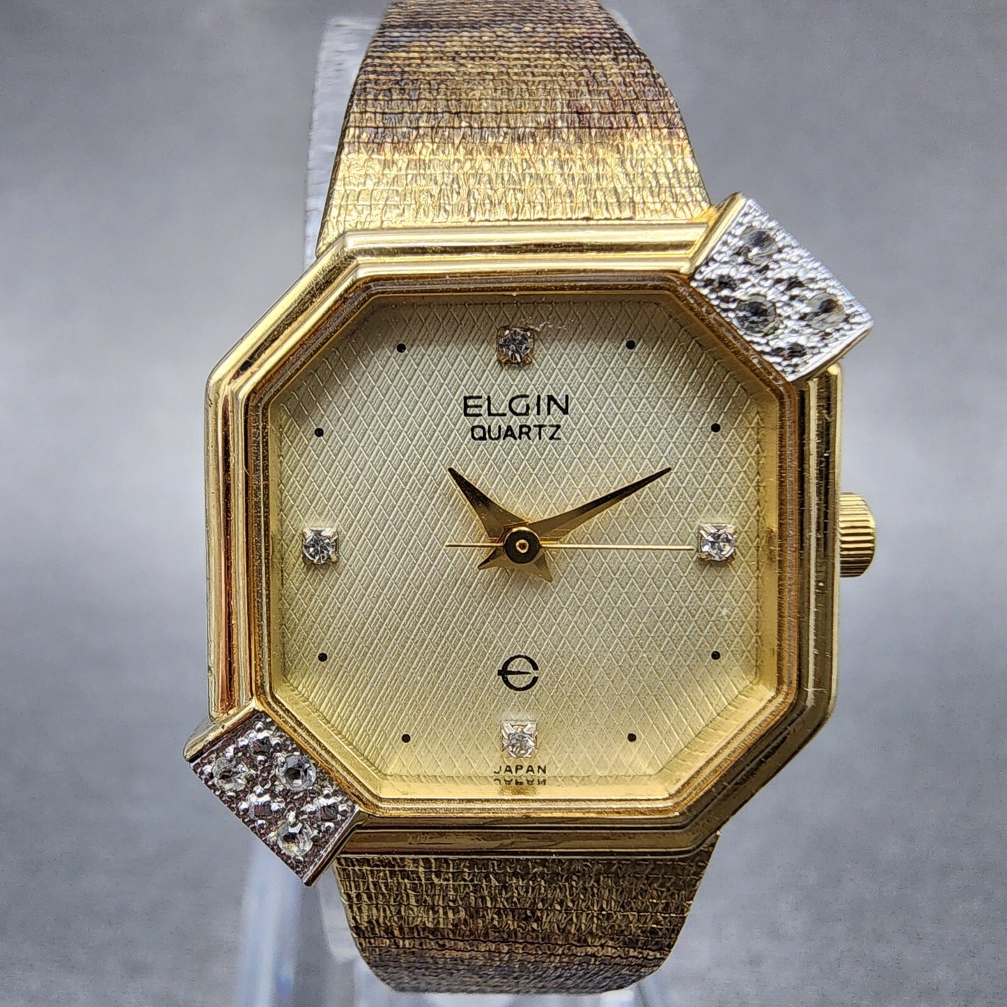 Elgin Watch Women 21mm Champagne Dial Gold Tone Octagon Diamond bezel New Batt1