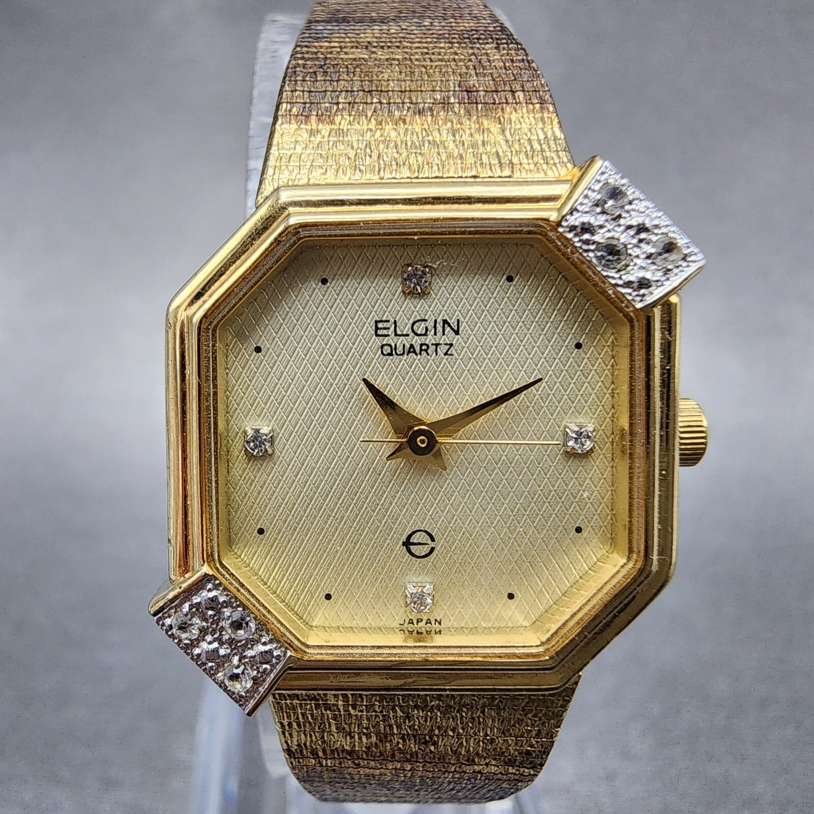 Elgin Watch Women 21mm Champagne Dial Gold Tone Octagon Diamond bezel New Batt1