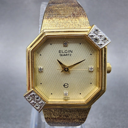 Elgin Watch Women 21mm Champagne Dial Gold Tone Octagon Diamond bezel New Batt1