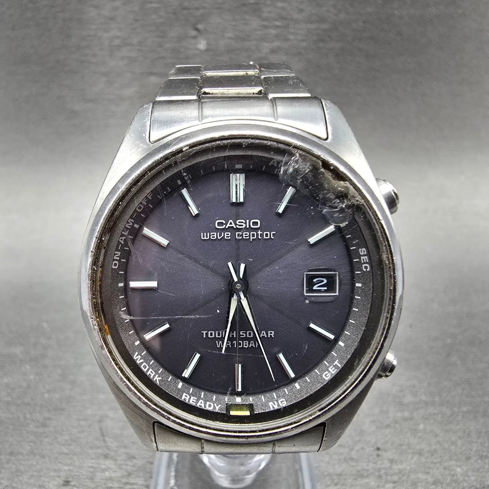 Casio Wave Ceptor Watch Men 39mm Gray Dial Steel Date Round WVQ-110DJ Works0