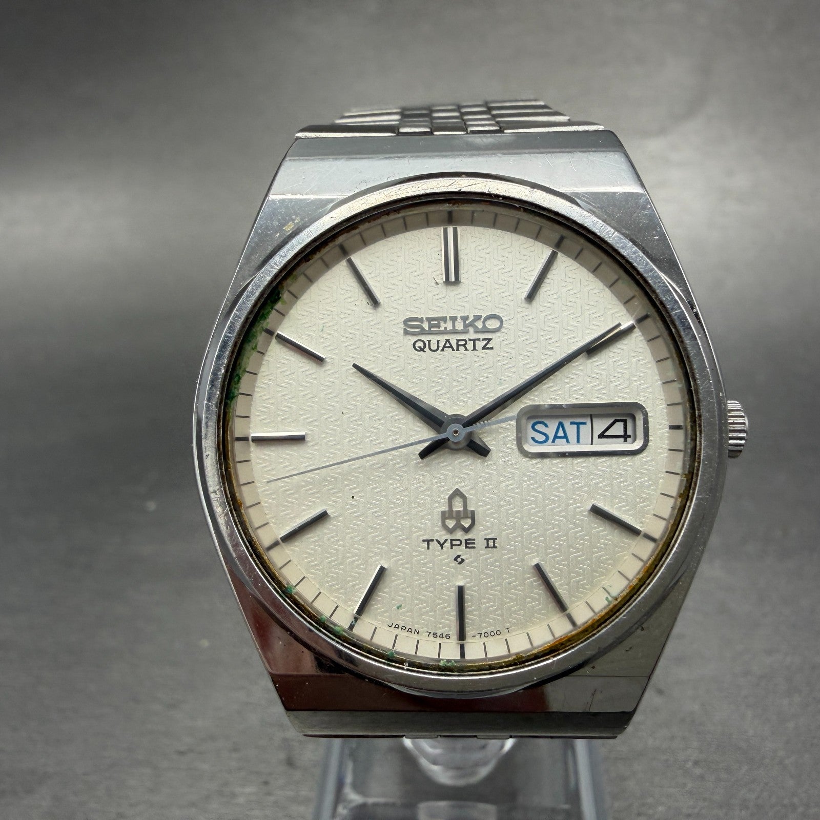 Seiko Type II Watch Men 36mm Silver Dial Silver Tone Daydate 7546-7000 New Batt0