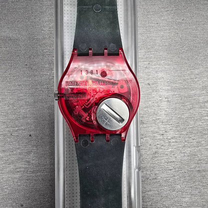 Swatch Hot Rap Watch Men 34mm Black Dial Red Case GR113 New Battery NOS6