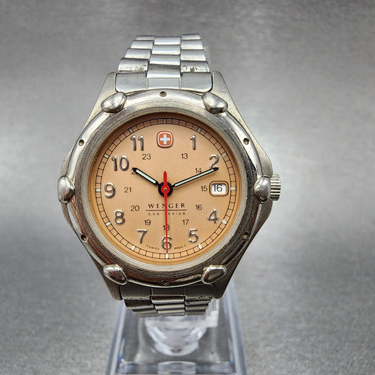 Wenger SAK Design Watch Women 29mm Salmon Dial Silver Tone Date Round New Batt