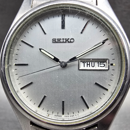 Seiko Watch Men 37mm Silver Dial Silver Tone Daydate Round 7N43-9048 New Battery1