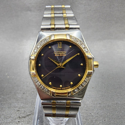 Citizen EcoDrive Watch Women 25mm Black Dial Two Tone Diamond Bezel Runs0