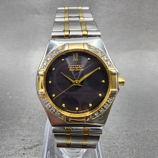 Citizen EcoDrive Watch Women 25mm Black Dial Two Tone Diamond Bezel Runs0