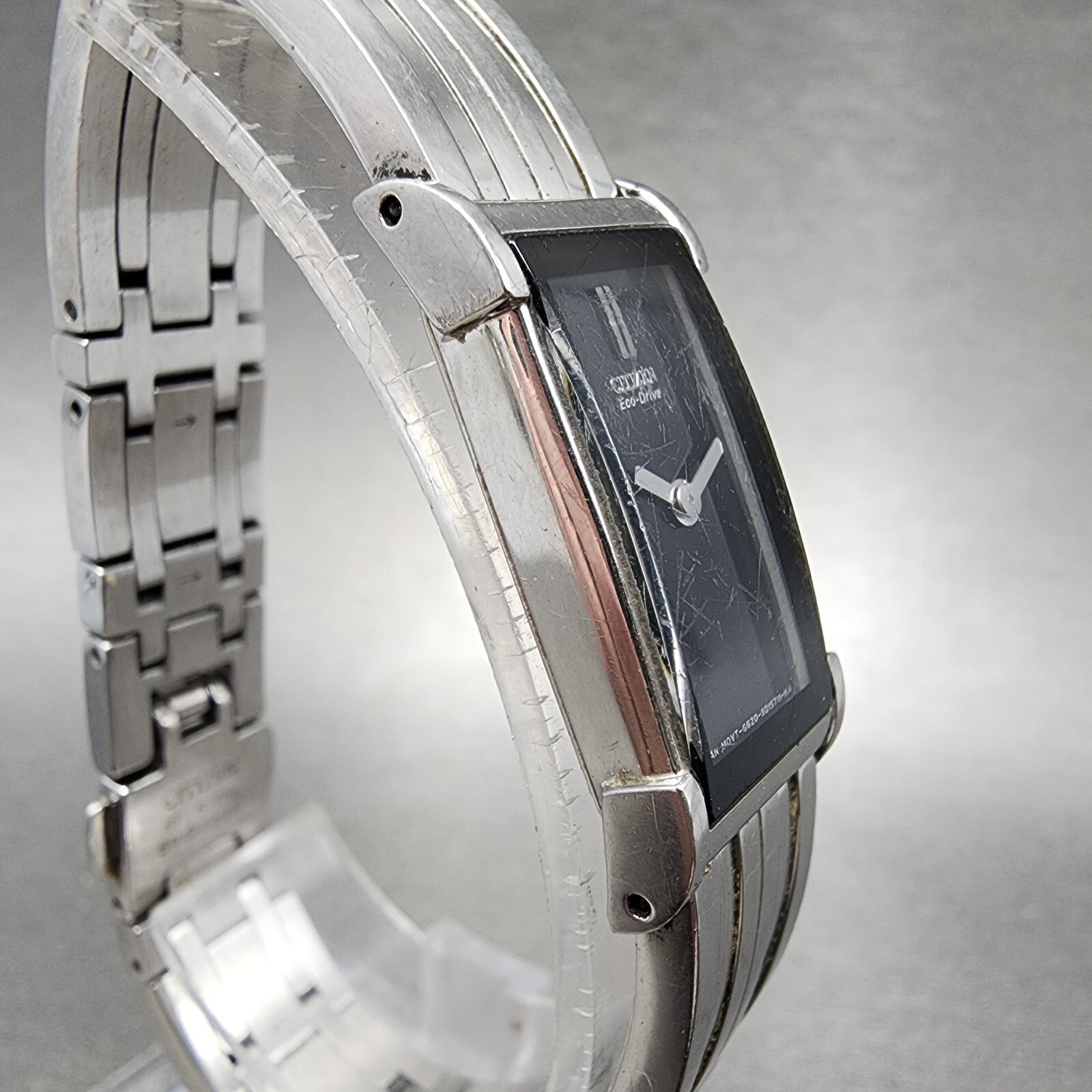 Citizen EcoDrive Tank Watch Women 14mm Black Dial Silver Tone Rectangle Runs3