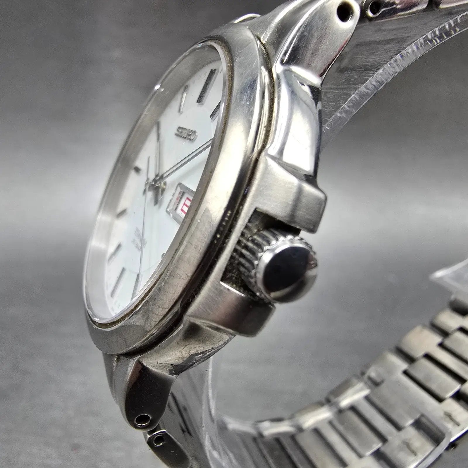 Seiko Watch Men 35mm White Dial Titanium Daydate Round 7N43-7B80 PARTS3