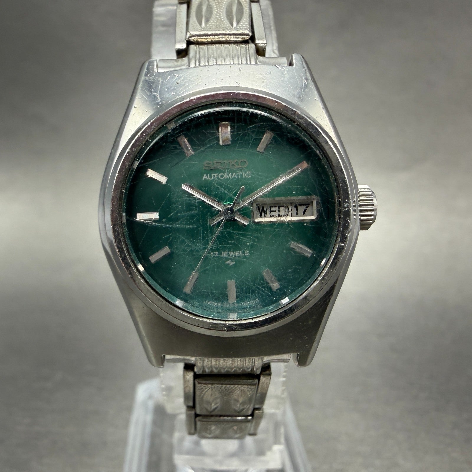 Seiko Automatic Watch Women 25mm Green Dial Silver Tone Daydate 2206-0610 Runs0