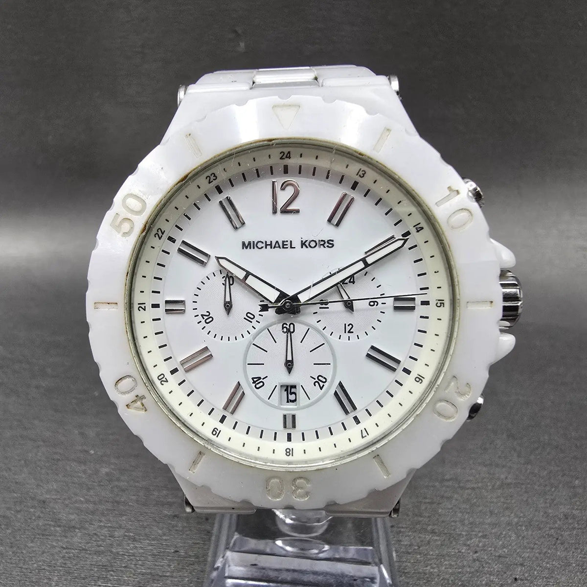 Michael Kors Dylan Watch Men 48mm White Dial White Ceramic Date MK8177 New Batt0