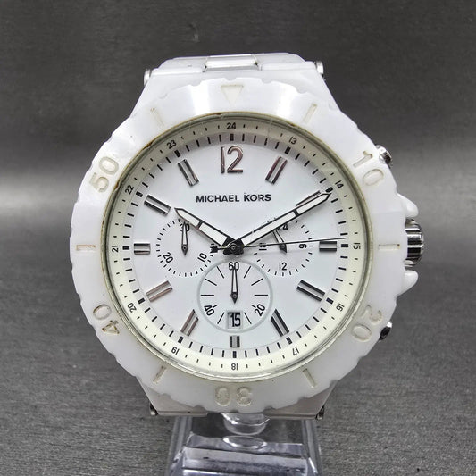 Michael Kors Dylan Watch Men 48mm White Dial White Ceramic Date MK8177 New Batt0
