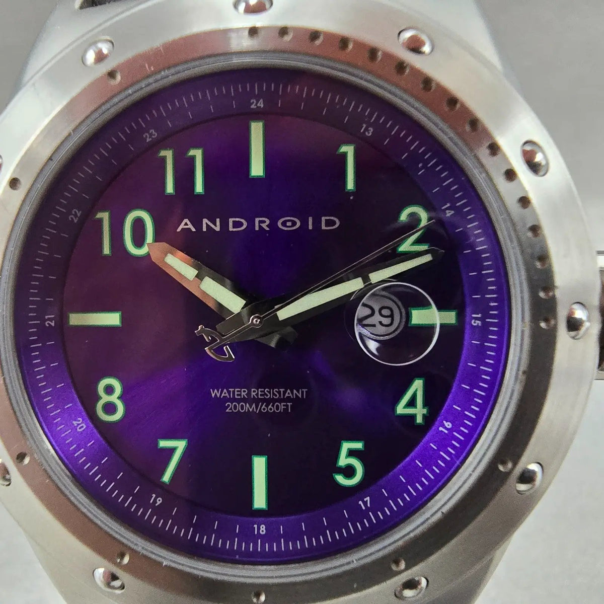 Android Dive Watch Men 48mm Purple Dial Steel Date Round New Battery AD6411