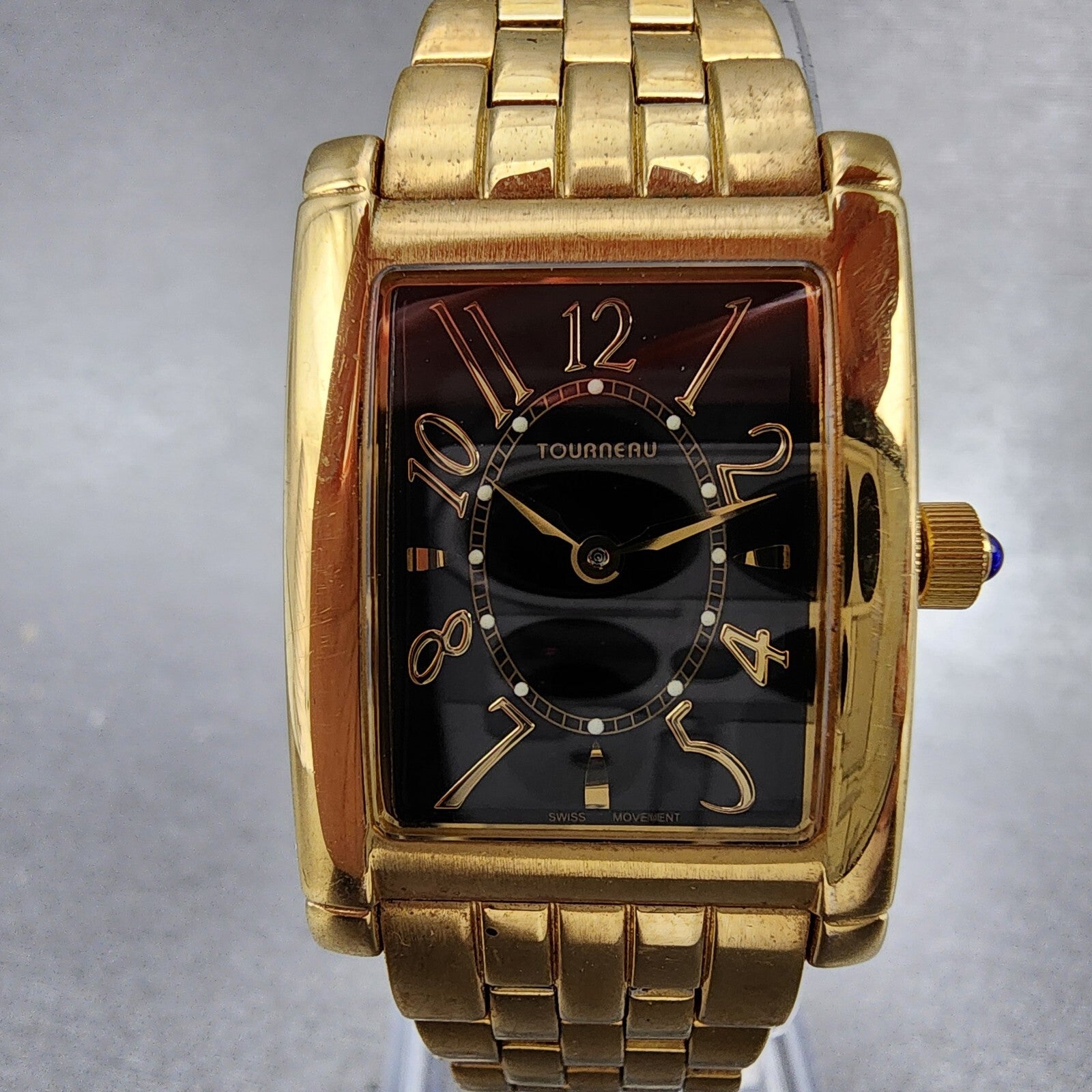 Tourneau Tank Watch Women 22mm Black Dial Gold Tone Rectangle READ New Battery1