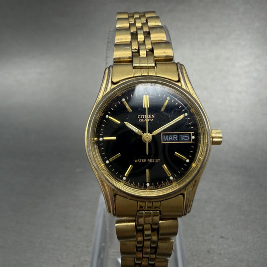 Citizen CQ Watch Women 23mm Black Dial Gold Tone Daydate 6000-S38231 NewBatteryA0