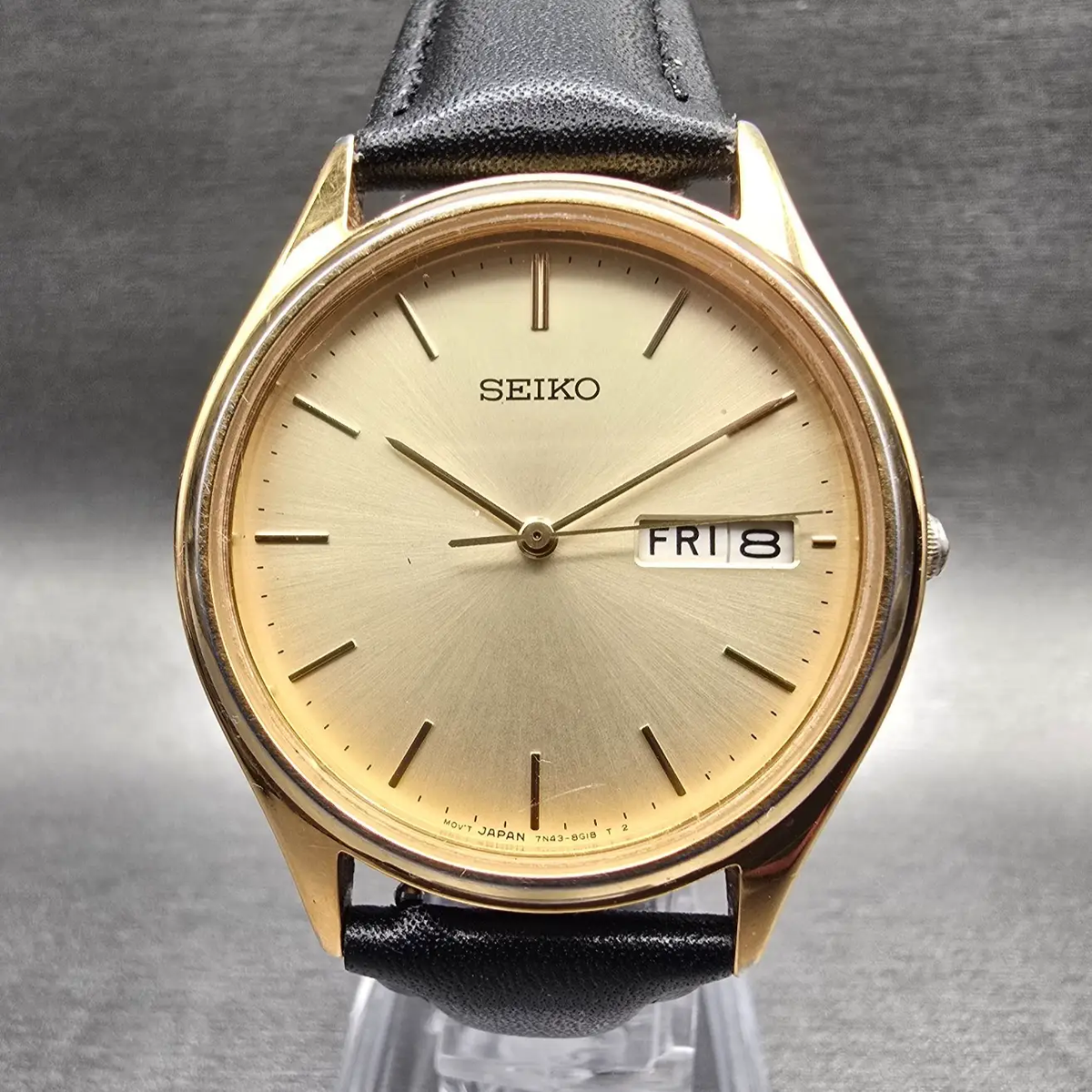 Seiko Watch Men 35mm Champagne Dial Gold Tone Daydate Round 7N43-8A99 New Batt0