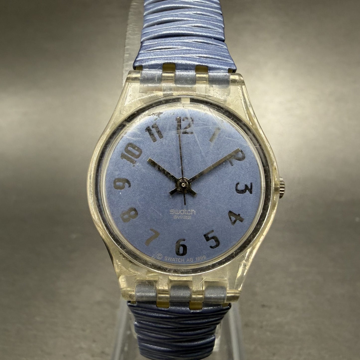 Swatch Watch Women 24mm Purple Dial Clear Case Round Vintage New Battery0