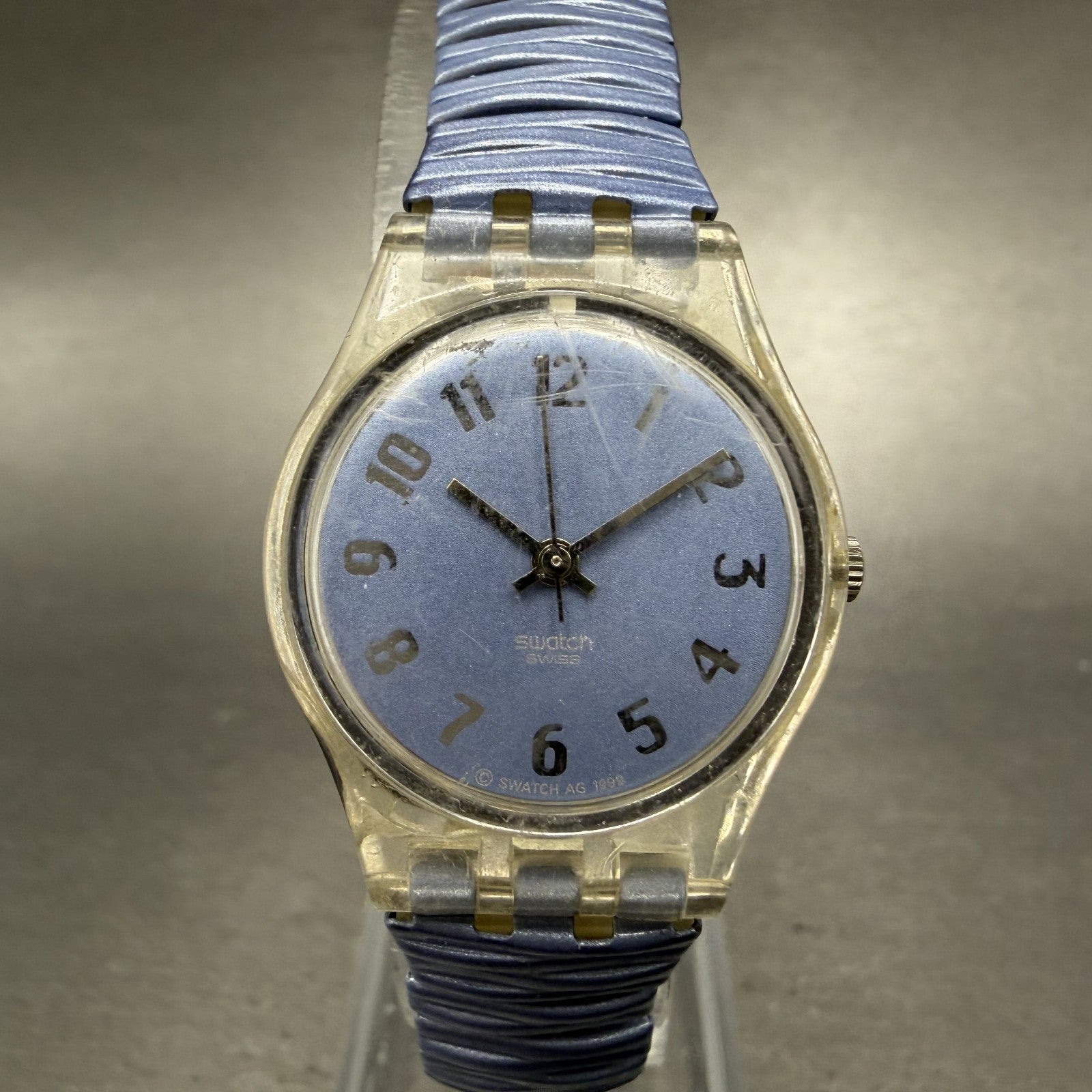Swatch Watch Women 24mm Purple Dial Clear Case Round Vintage New Battery0