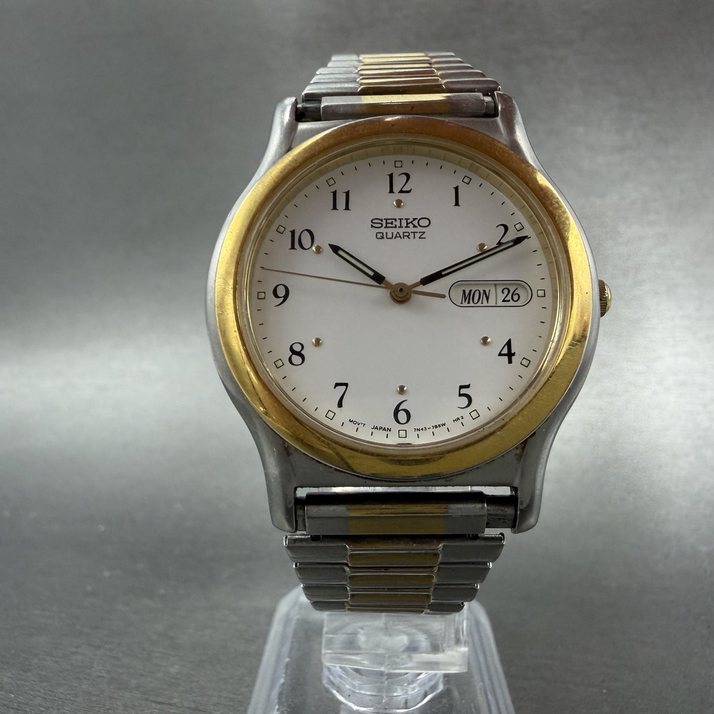 Seiko Watch Men 36mm White Dial Two Tone Daydate Round 7n43-7b19 New Battery5