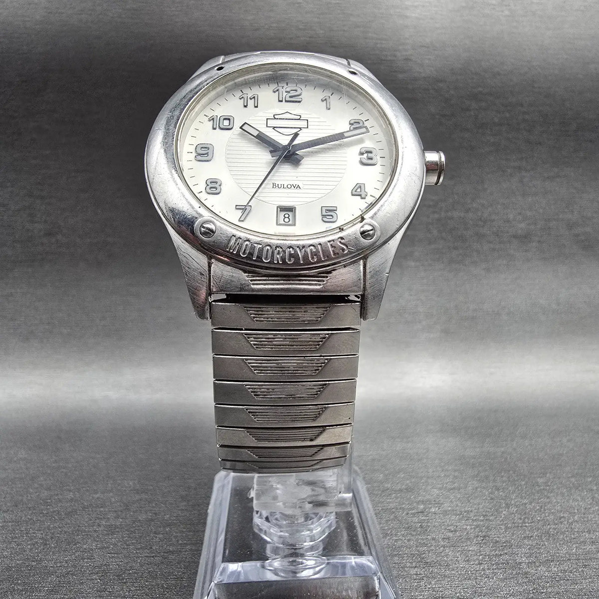 Bulova Harley Davidson Watch Men 40mm Silver Dial Silver Tone Date 76B25 New Bat5