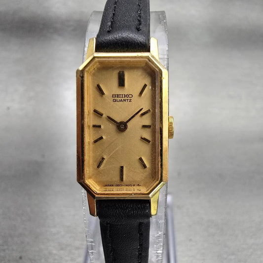 Seiko Watch Women 13mm Gold Dial Gold Tone Rectangle 1320-6059 New Battery VTG0