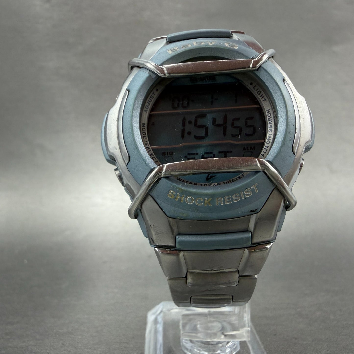 Casio Baby-G MSG-132 Watch Women 42mm Digital Blue Silver Alarm Chrono New batt5
