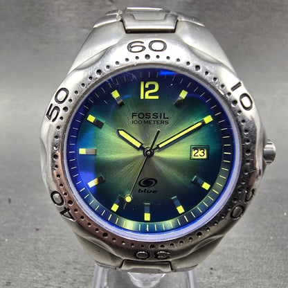Fossil Blue Dive Watch Men 40mm Green Dial Silver Tone Date AM-3520 New Battery0