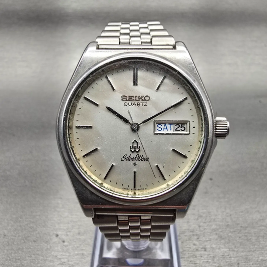 Seiko Silver Wave Watch Men 36mm Silver Dial Daydate Round 3229-8000 New Battery0