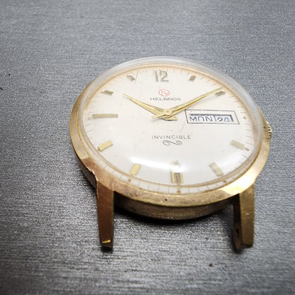 Helbros Watch Men 34mm White Dial Gold Tone Daydate Round Manual Wind Runs READ!2