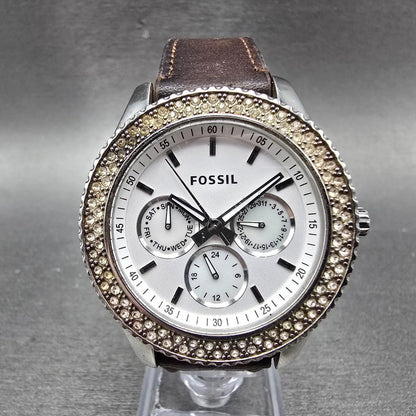Fossil Watch Women 38mm Silver Dial Silver Tone Daydate ES-3001 New Battery0