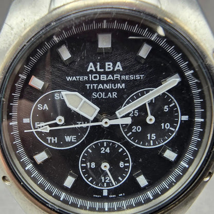 Seiko Alba Solar Watch Men 39mm Black Dial Titanium Daydate Round V14J-0AA0 Runs1