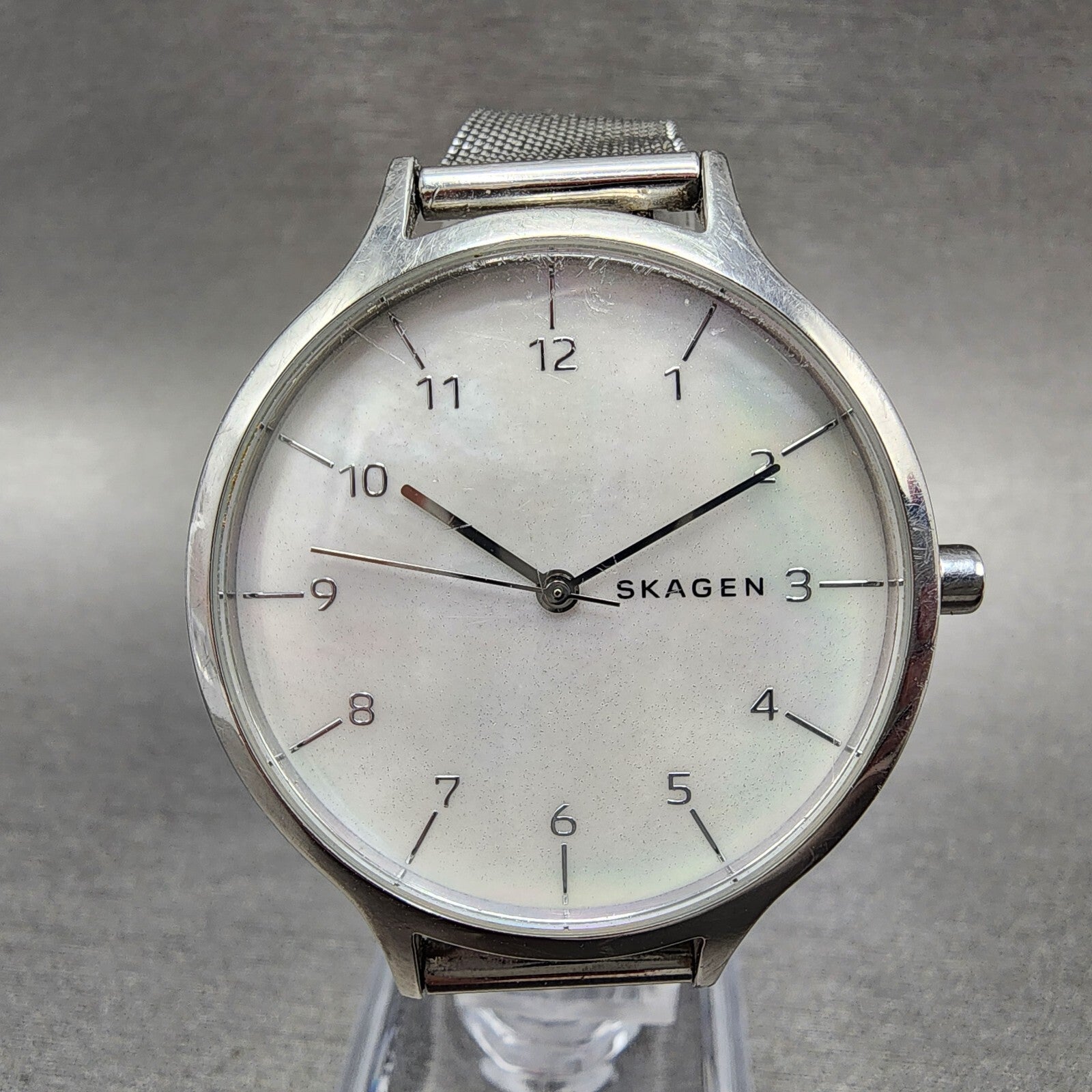 Skagen Anita Watch Women 36mm MOP Dial Steel Round Mesh Band New Battery0