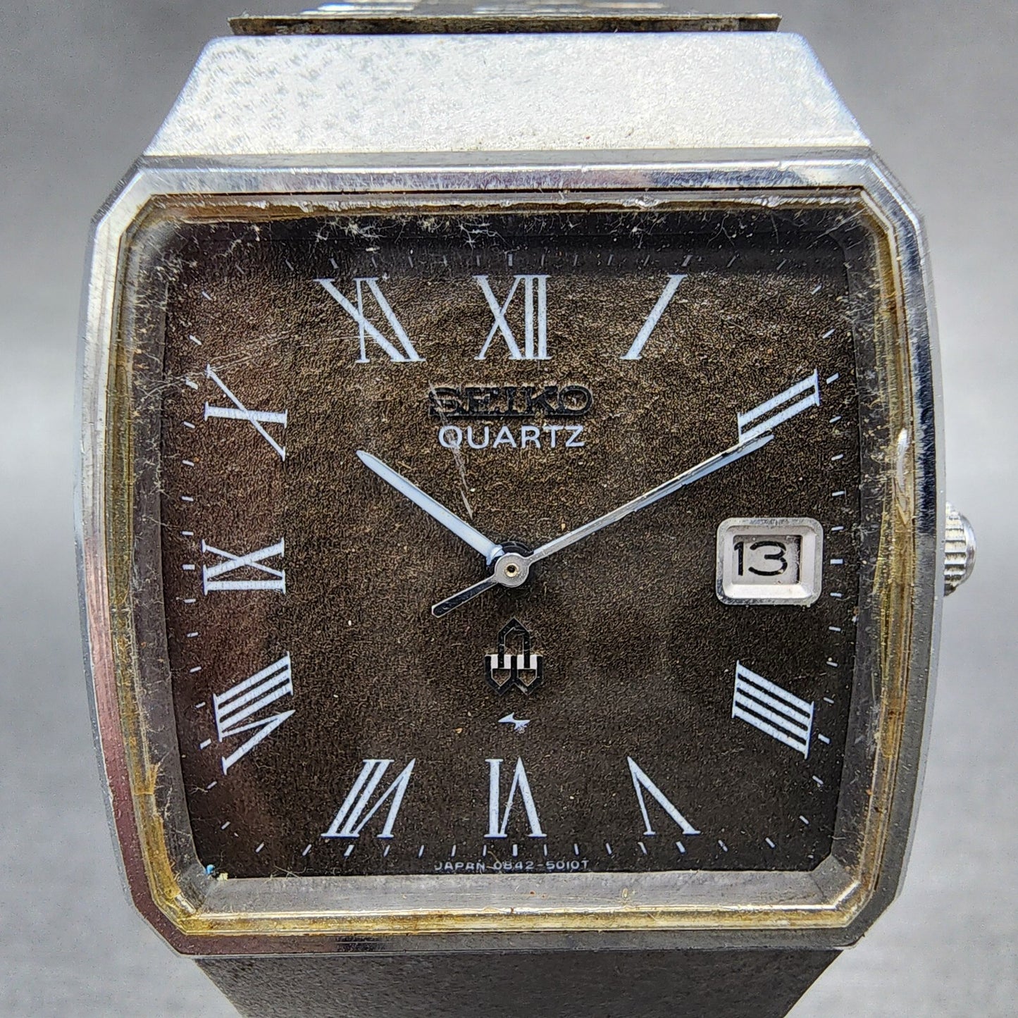 Seiko Watch Men 33mm Brown Dial Silver Tone Date Rectangle 0842-5010 New Battery