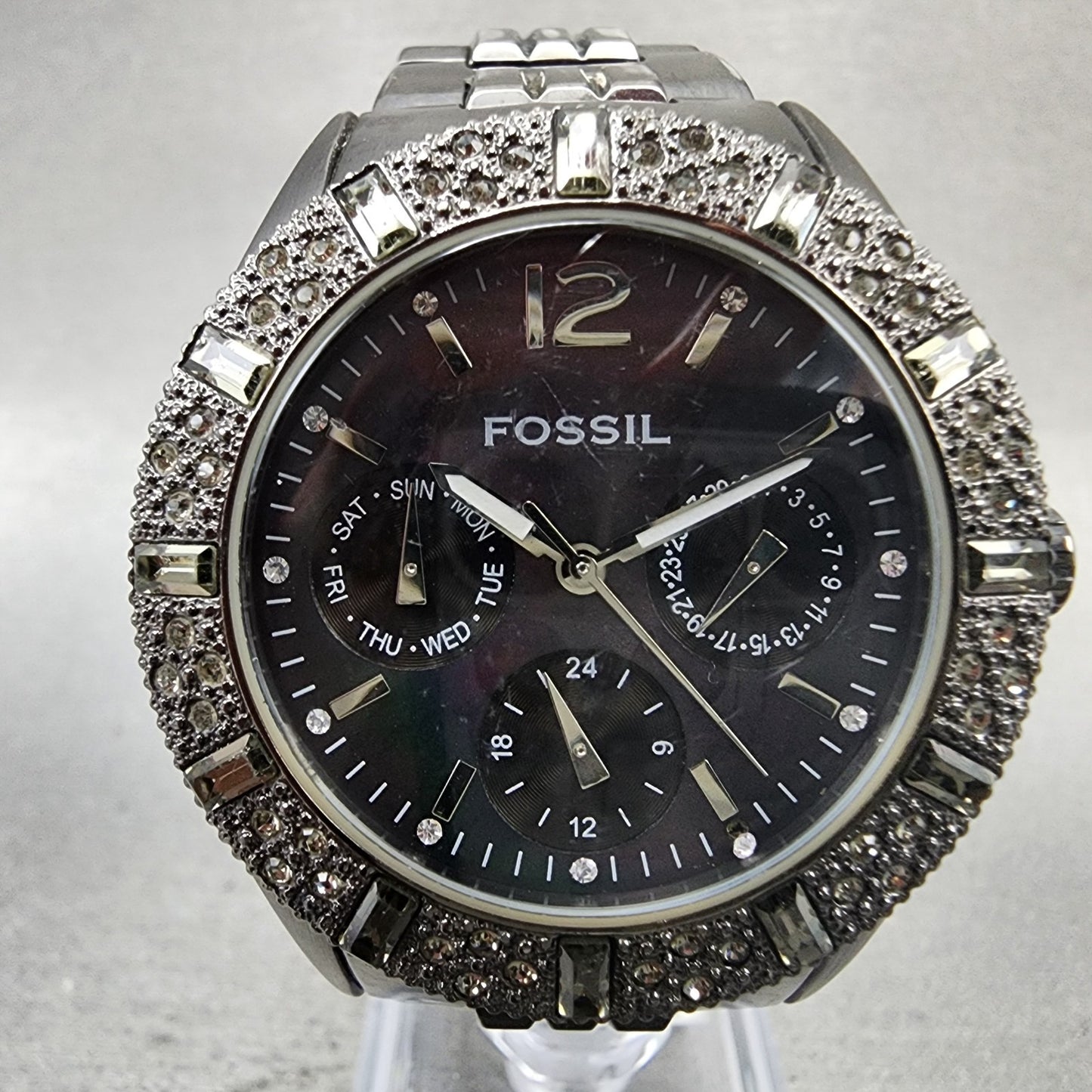 Fossil Blue Watch Women 38mm MOP Dial Black Tone Daydate BQ9342 New Battery1