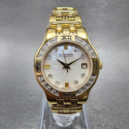 Wittnauer Watch Women 25mm MOP Dial Gold Tone Diamond Bezel Date New Battery0