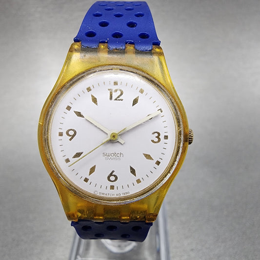 Swatch Gold Bride Watch Women 25mm White Dial Clear Case Round LK123 New Battery