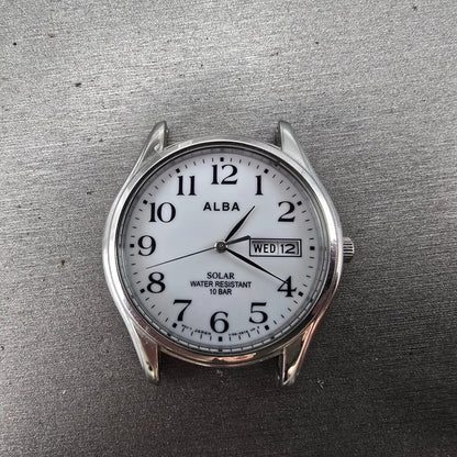 Seiko Alba Solar Watch Men 36mm White Dial Silver Tone Daydate V158-0AX0 PARTS0