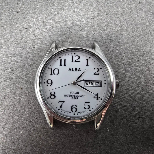 Seiko Alba Solar Watch Men 36mm White Dial Silver Tone Daydate V158-0AX0 PARTS0