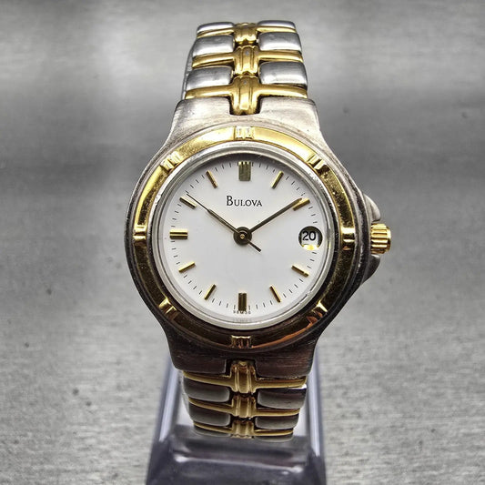 Bulova Watch Women 24mm White Dial Two Tone Date Round 98M36 New Battery LP0